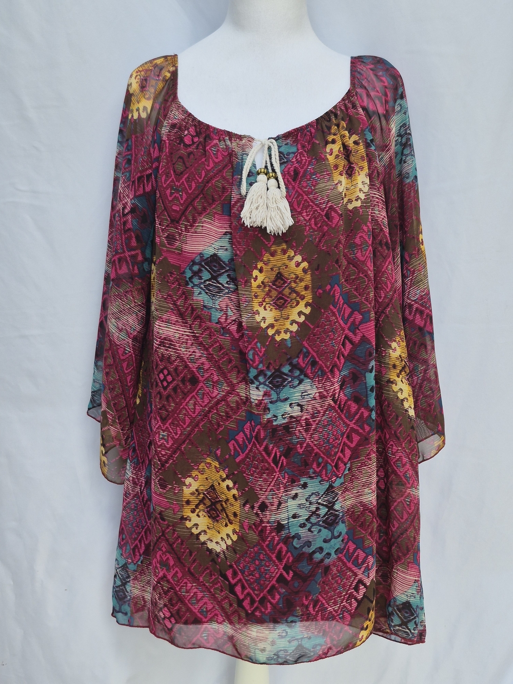 ACCESSORIZE IN STYLE Boho Patchwork CHIFFON Women's Tunic Size L MADE IN USA